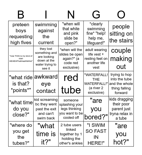 Lazy River bingo Card