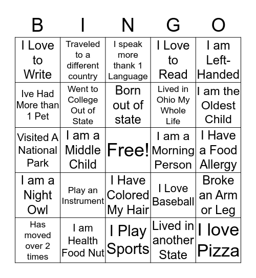 About Me Bingo Card