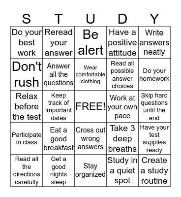 Study Skills Bingo Card