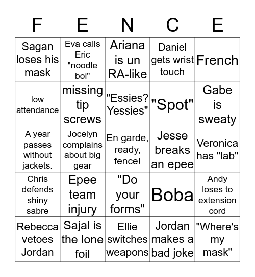 Fencing Team Bingo Card
