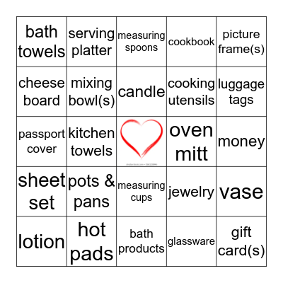 Bridal Shower Bingo Card