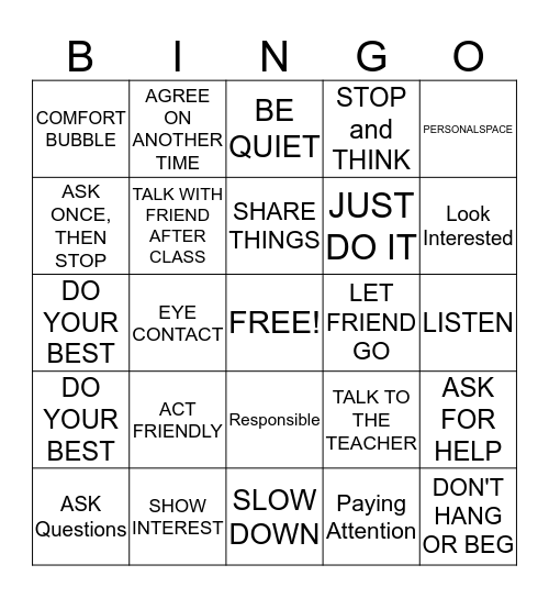 Social Skill Bingo  Bingo Card