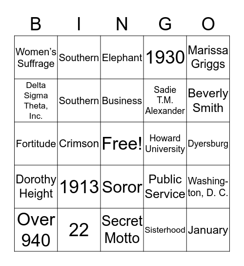 Delta Sigma Theta, Inc. Bingo Card