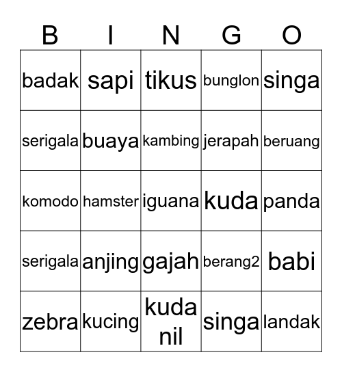 Binatang Kaki Empat Bingo Card