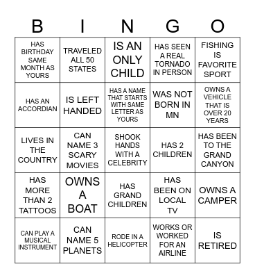FIND SOME BODY WHO Bingo Card