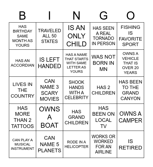 FIND SOME BODY WHO Bingo Card