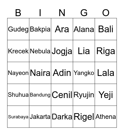 Adin. Bingo Card