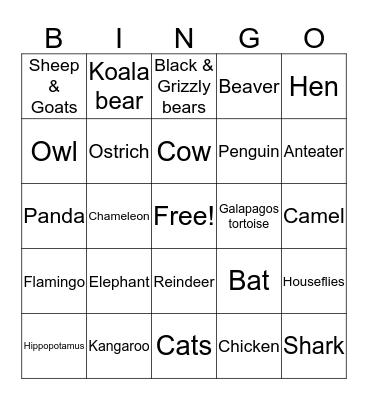 Animal Bingo Card