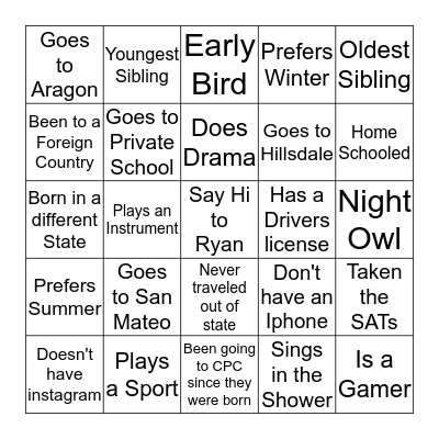 Get to know you Bingo Card