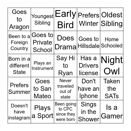 Get to know you Bingo Card