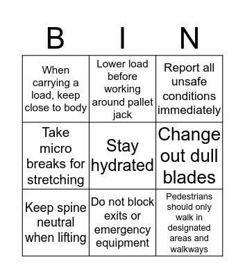 Safety Bingo Card