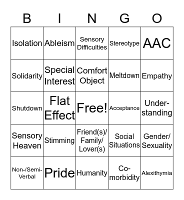 Autism Writing Bingo Card