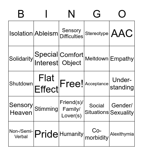 Autism Writing Bingo Card
