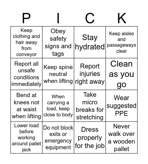 Safety Bingo Card