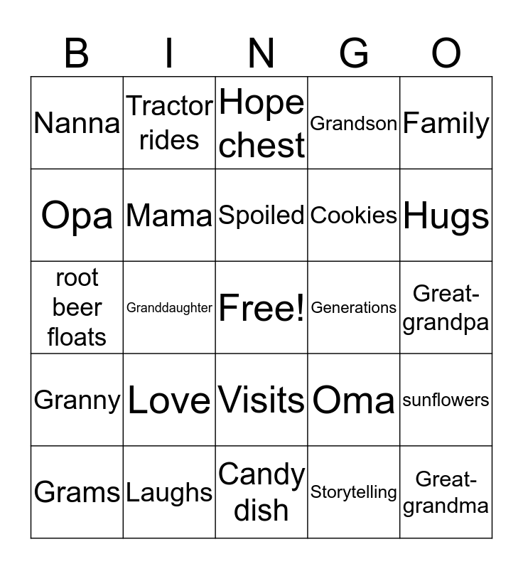 Grandparent Bingo Card