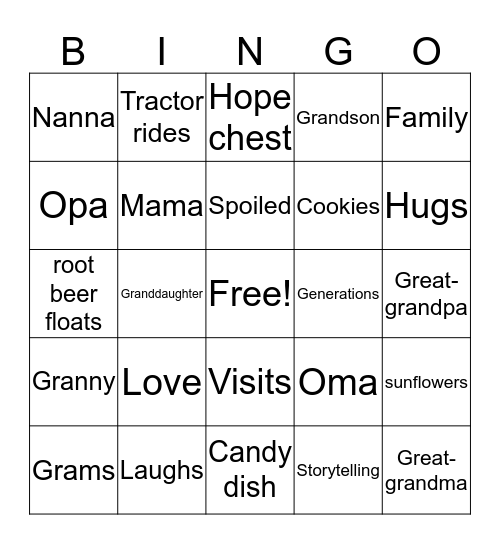 Grandparent Bingo Card