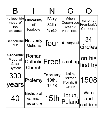 Copernicus Bingo Card