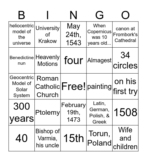 Copernicus Bingo Card