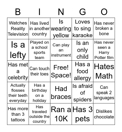 Find Someone Who Bingo Card