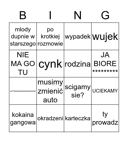 Szybcy i wściekli Bingo Card
