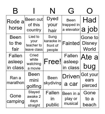 Never Have I Ever Bingo Card