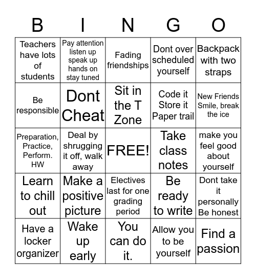 Middle School Rules  Bingo Card