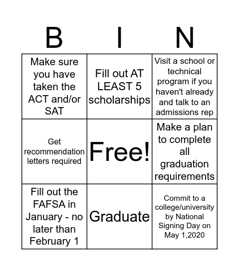 Path to College BINGO Card