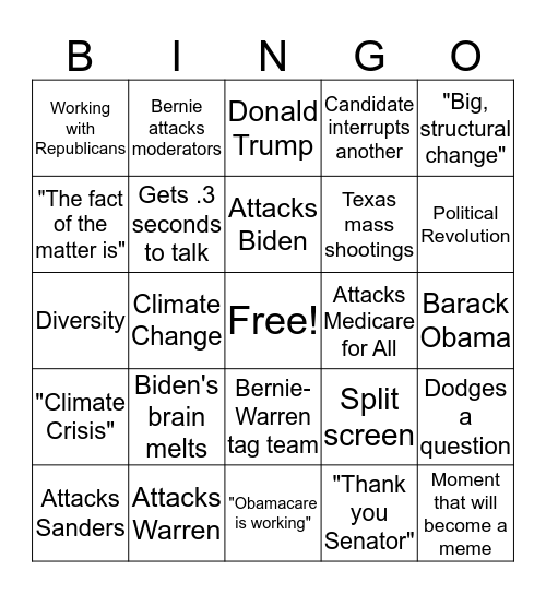 Third Democratic Debate Bingo Card