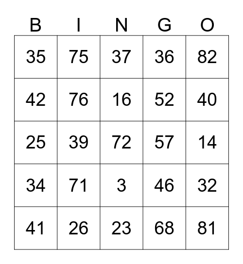 Number BINGO 1-90 Bingo Card