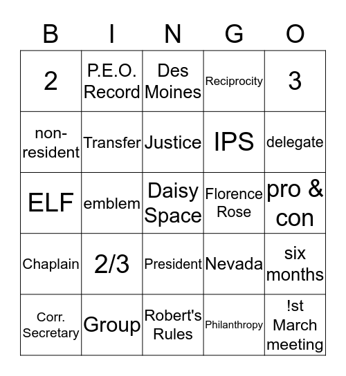 P.E.O.  BINGO Card