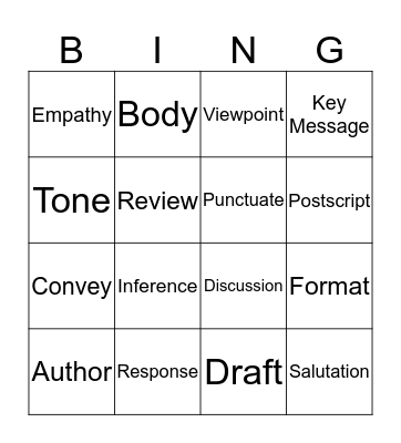 LETTER WRITING Bingo Card