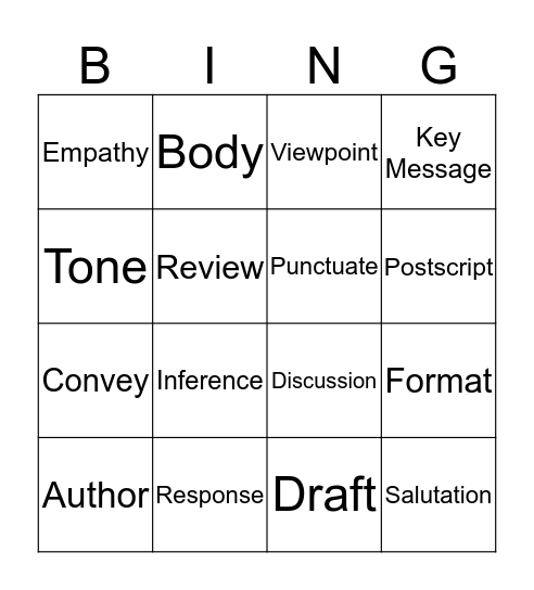 LETTER WRITING Bingo Card