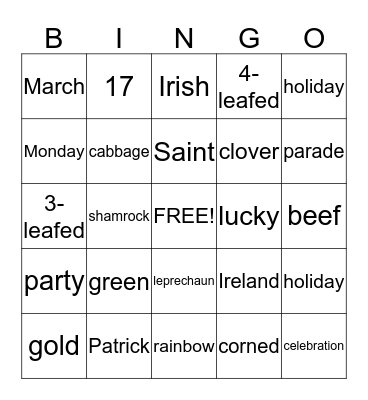 St.Patrick's Day Bingo Card