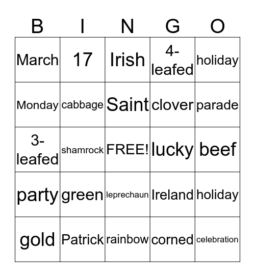 St.Patrick's Day Bingo Card