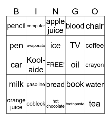 Solids and Liquids Bingo Card