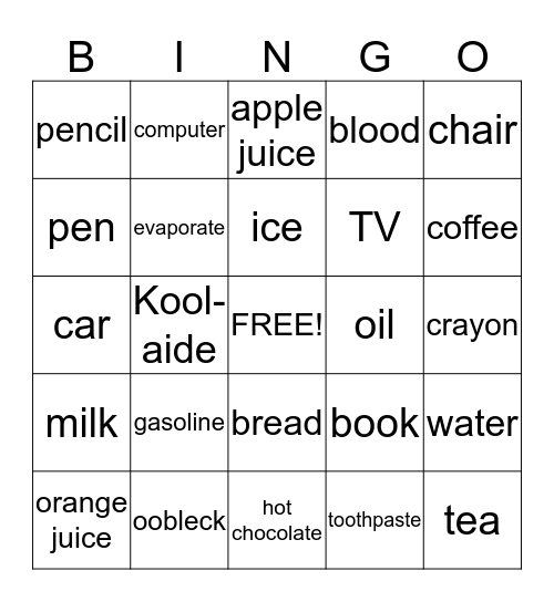 Solids and Liquids Bingo Card