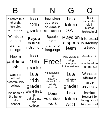 College Bound  Bingo Card