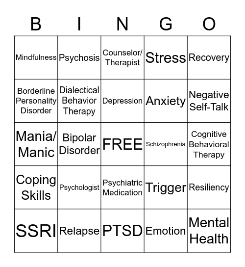 Mental Health Bingo Card