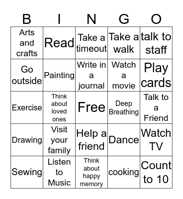 Coping Skills Bingo Card