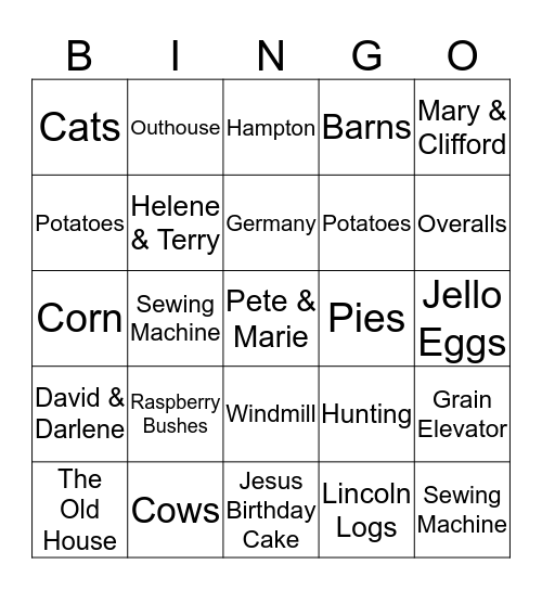 Endres Family Bingo Card