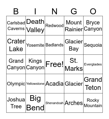 National Parks Bingo Card