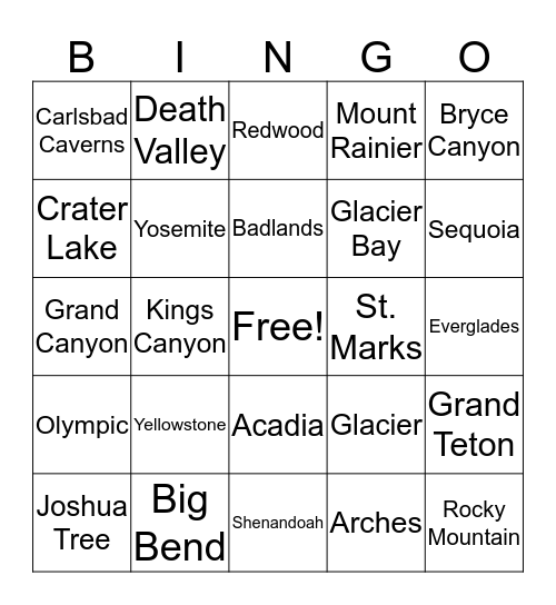 National Parks Bingo Card