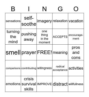 Distress Tolerance Skills Bingo Card