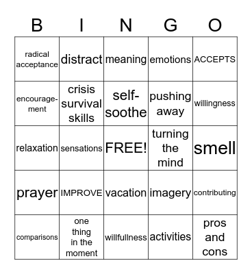 Distress Tolerance Skills Bingo Card