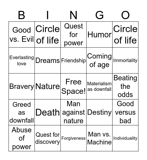 Theme Topics Bingo Card