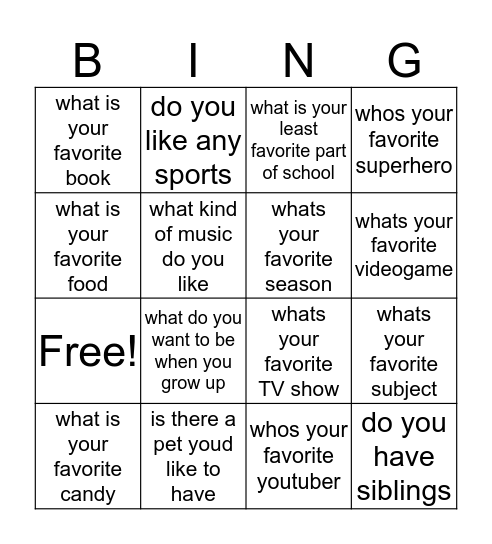 Get to know me bingo Card