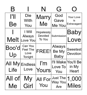 Love Song Bingo Card