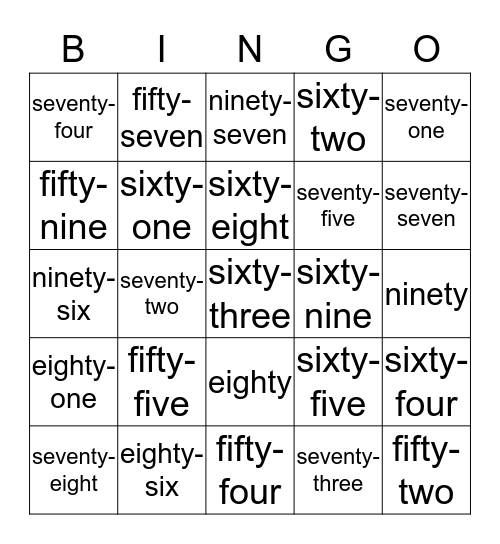Numbers fifty-one to one hundred Bingo Card
