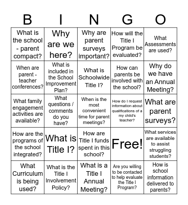 Warder Park Wayne Annual Title I Meeting Bingo Card