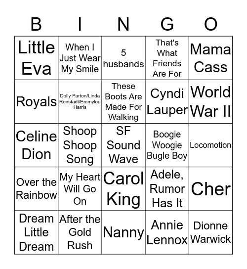 She Sings! Bingo Card